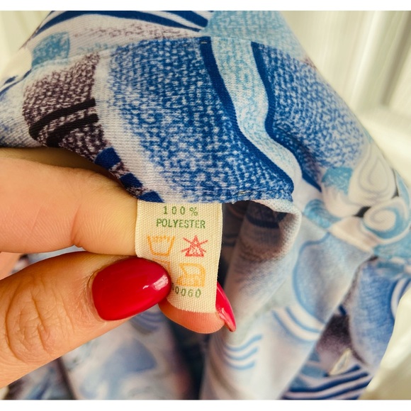 Early 70s Psychedelic Op Art Groovy Blue and Gray Polyester Button Up Shirt - Picture 7 of 7